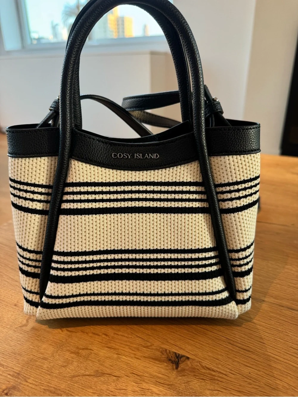NWOT COSY ISLAND Black and Cream Striped Tote